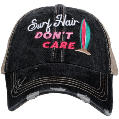 Surfing Hats Surf hair dont care Teal or black Embroidered distressed gray trucker cap  Surfboard Palm tree Beach - Stacy's Pink Martini Boutique