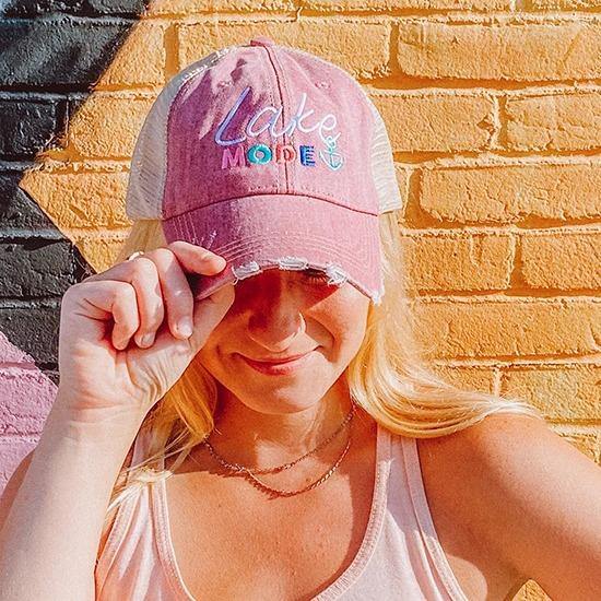 Lake mode hats Embroidered distressed trucker caps. Black, teal or pink. Unisex. Anchor. - Stacy's Pink Martini Boutique