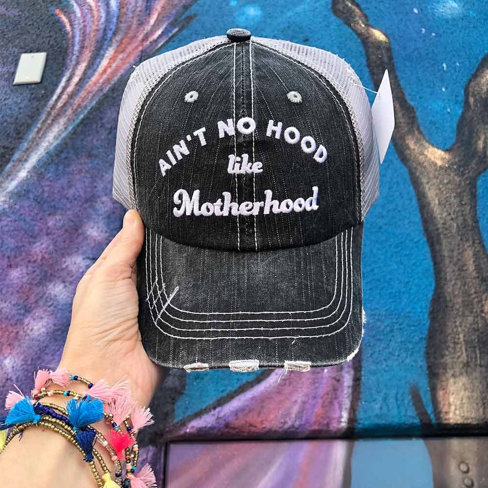 Aint no hood like motherhood Hat Embroidered distressed gray womens trucker cap Mom Mama - Stacy's Pink Martini Boutique
