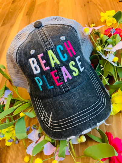 Beach hats and tanks Embroidered distressed trucker caps. - Stacy's Pink Martini Boutique