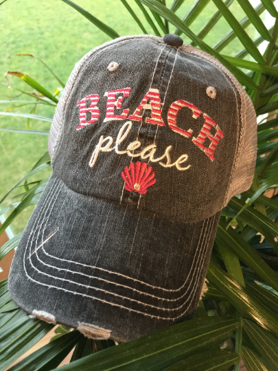 Hats. Beach please. Gray with pink OR teal letters and shell. Unisex embroidered distressed trucker cap with adjustble velcro and hole for pony. - Stacy's Pink Martini Boutique