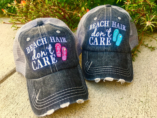 Hola beaches hats! | Womens embroidered trucker cap | Personalize | Beach hats | Cute palm trees, sunshine, waves and seashell | Girls weekend accessories. - Stacy's Pink Martini Boutique