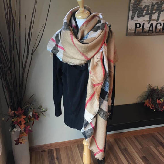 Blanket scarf { Classic check } Camel. Large square blanket scarf. - Stacy's Pink Martini Boutique