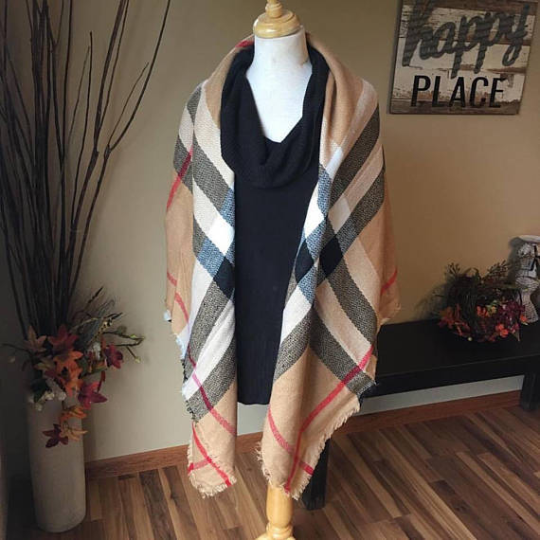 Blanket scarf { Classic check } Camel. Large square blanket scarf. - Stacy's Pink Martini Boutique