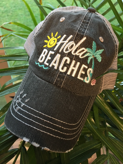 Hola beaches hats! | Womens embroidered trucker cap | Personalize | Beach hats | Cute palm trees, sunshine, waves and seashell | Girls weekend accessories. - Stacy's Pink Martini Boutique