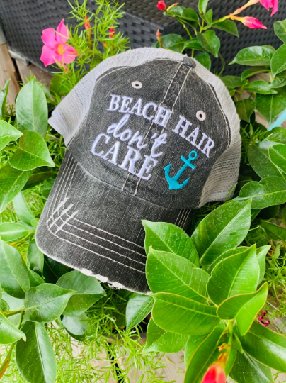 Hola beaches hats! | Womens embroidered trucker cap | Personalize | Beach hats | Cute palm trees, sunshine, waves and seashell | Girls weekend accessories. - Stacy's Pink Martini Boutique