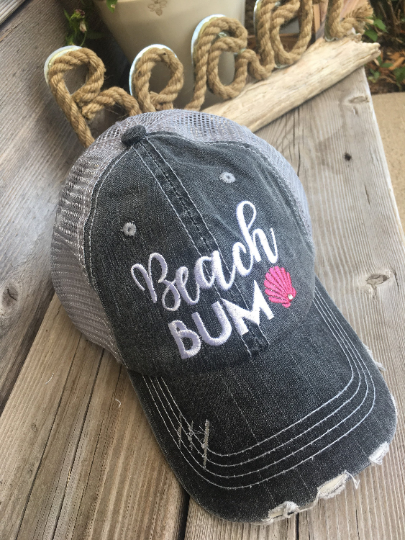 Hola beaches hats! | Womens embroidered trucker cap | Personalize | Beach hats | Cute palm trees, sunshine, waves and seashell | Girls weekend accessories. - Stacy's Pink Martini Boutique