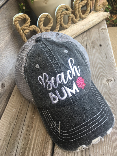 Hat { Beach Bum } 3 styles / colors. Seashells. Embroidered distressed trucker caps with adjustable velcro and hole for pony. - Stacy's Pink Martini Boutique