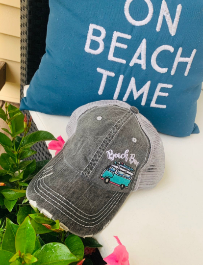 Hola beaches hats! | Womens embroidered trucker cap | Personalize | Beach hats | Cute palm trees, sunshine, waves and seashell | Girls weekend accessories. - Stacy's Pink Martini Boutique