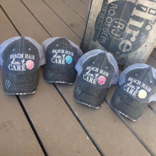 Beach hats and tanks Embroidered distressed trucker caps. - Stacy's Pink Martini Boutique