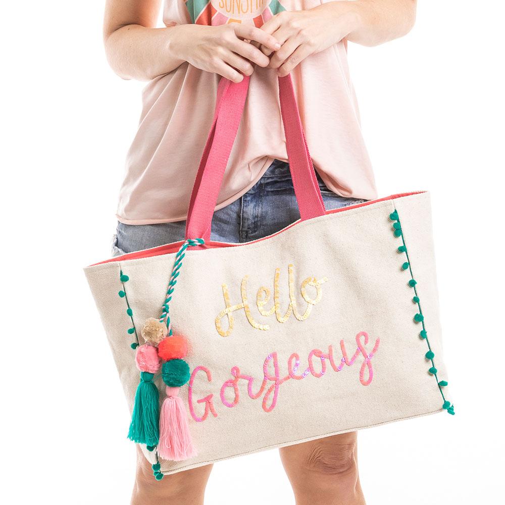 Tote bags HELLO gorgeous Beach please Good vibes only Handmade in India 21 x 12 Shoulder strap - Stacy's Pink Martini Boutique