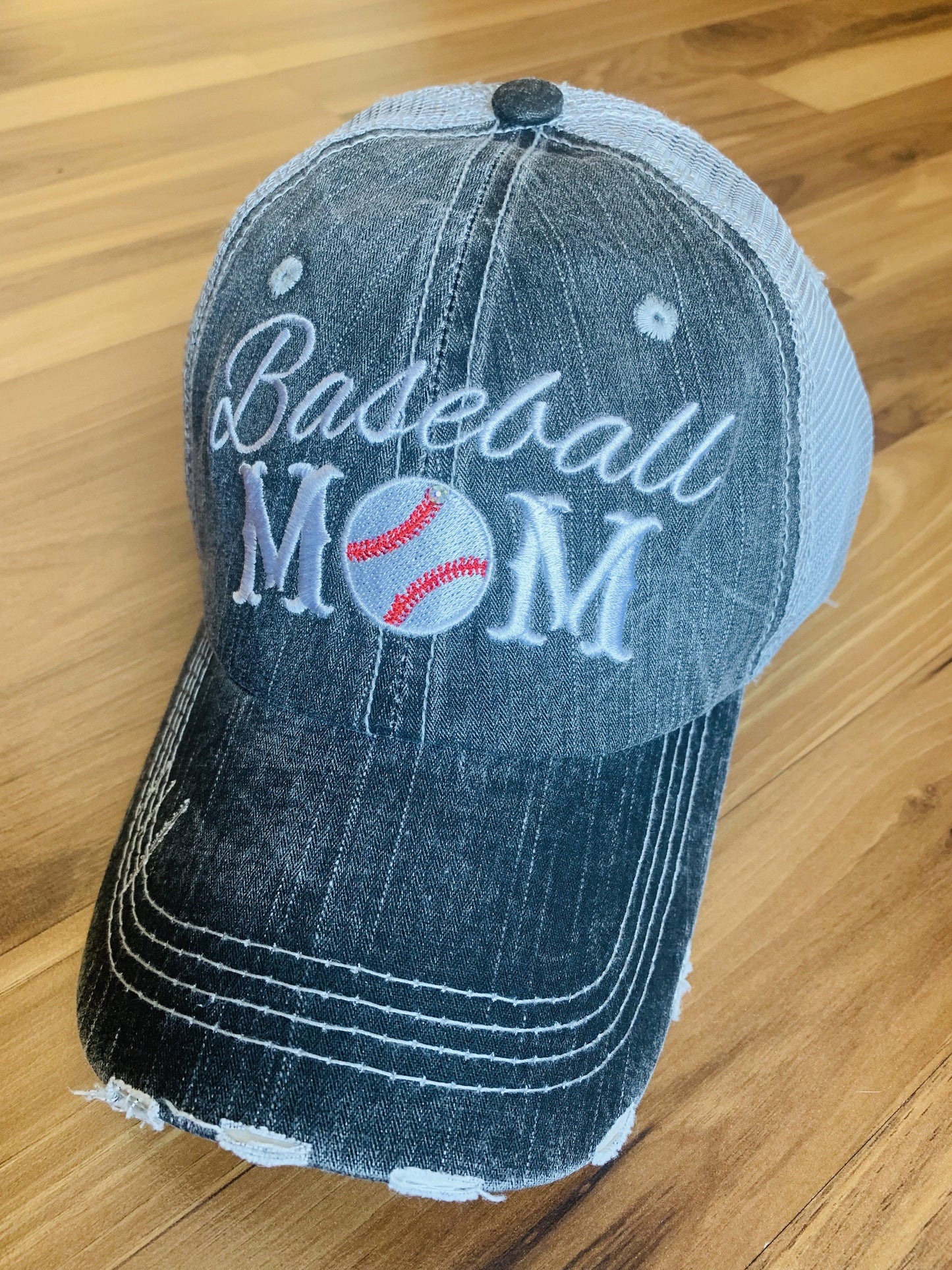 Baseball Grandma • Mimi • Nana • Gigi | Embroidered gray distressed trucker caps | Personalize - Stacy's Pink Martini Boutique