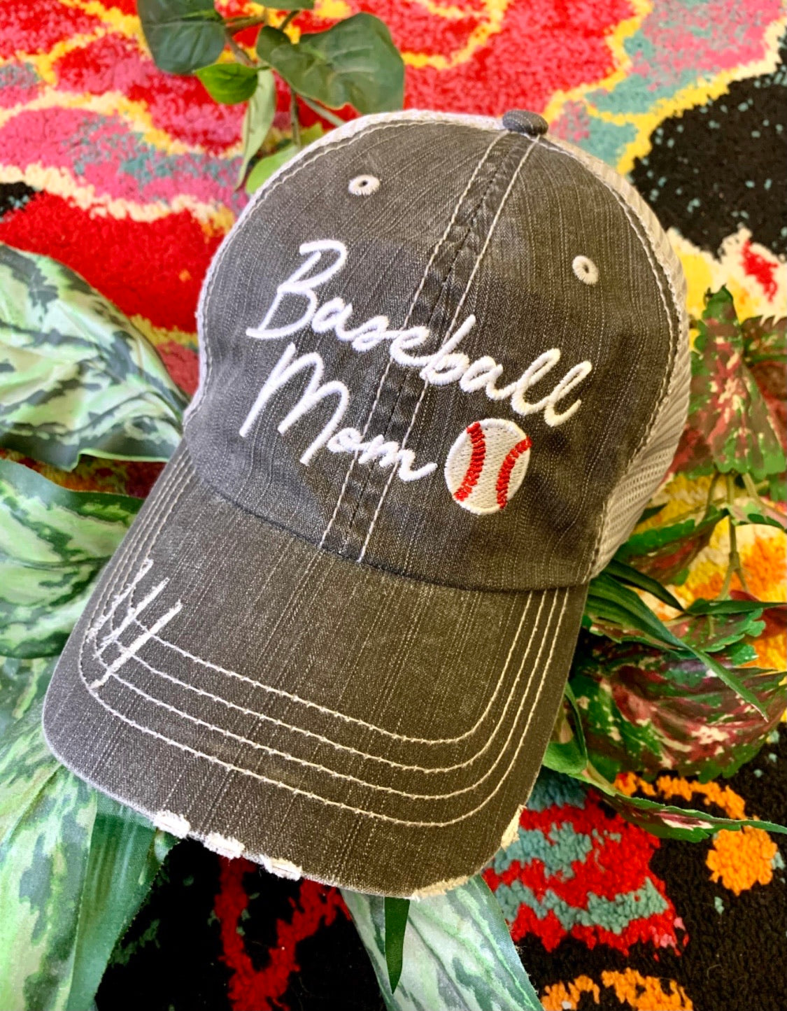 Baseball hats Baseball mom Embroidered distressed gray trucker caps - Stacy's Pink Martini Boutique