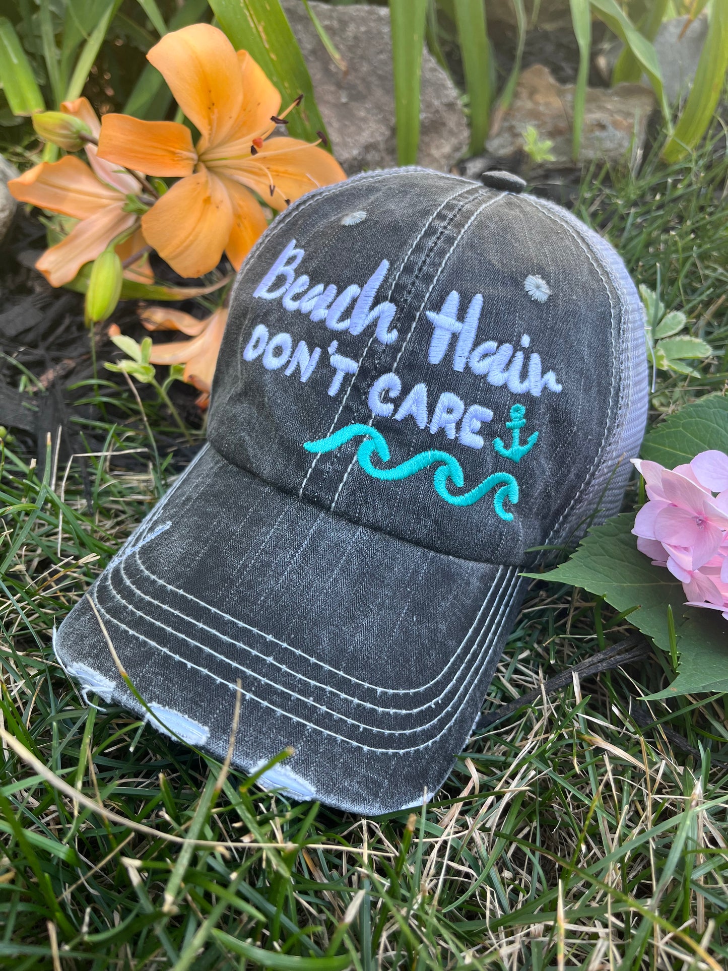 Hats Beach hair dont care Embroidered teal or pink flip flops distressed trucker cap Womens Sandals - Stacy's Pink Martini Boutique