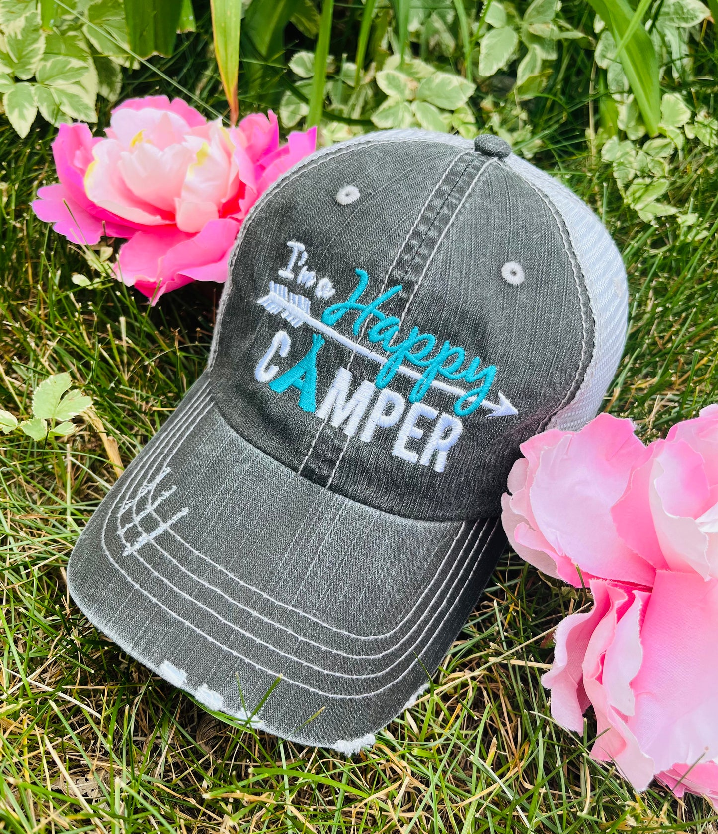 Im a happy CAMPER Embroidered distressed trucker cap Camping life Assorted styles