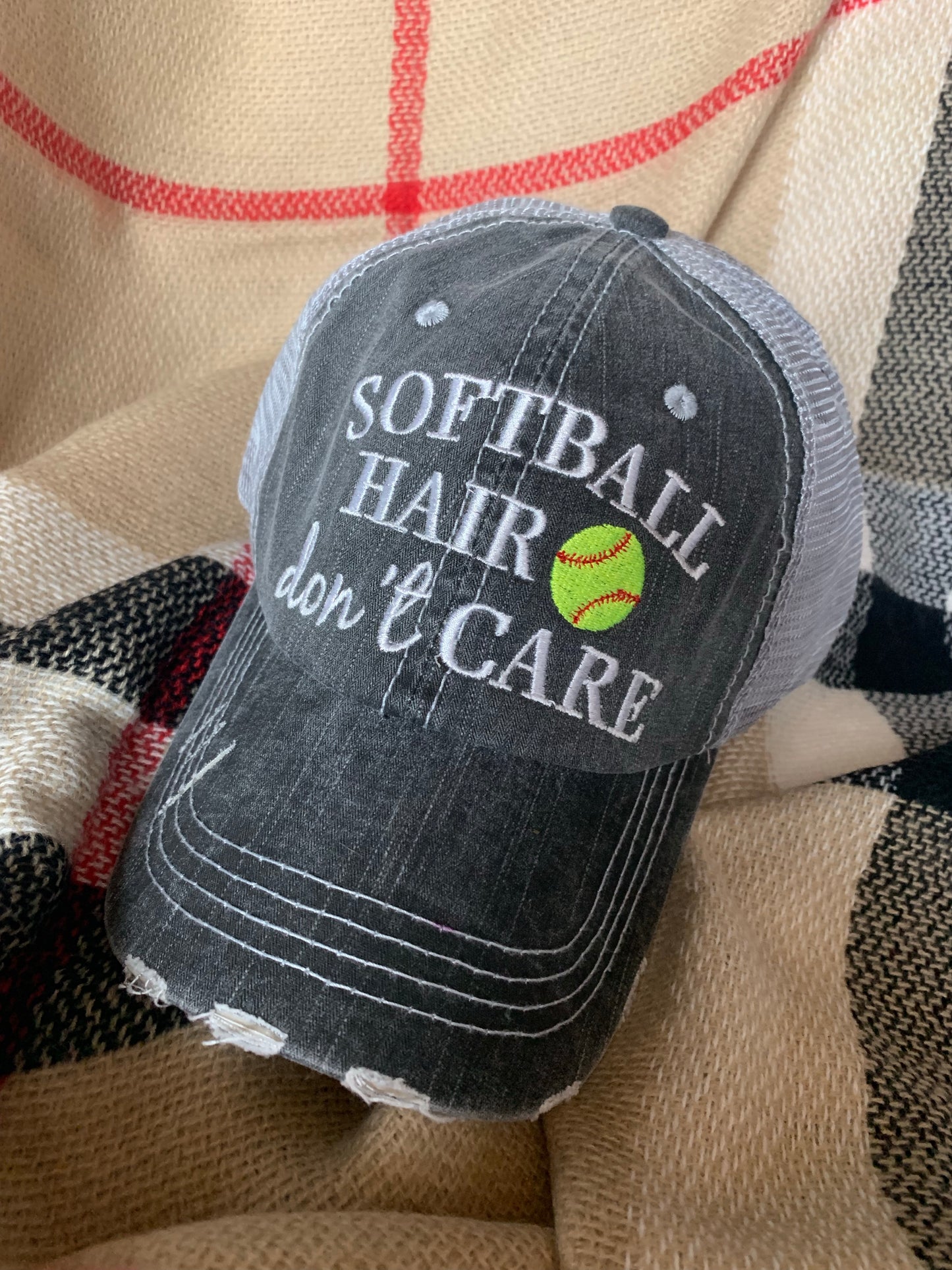 Softball hats Softball mom Softball hair dont care Embroidered gray distressed adjustable trucker caps Personalizable Softball forever - Stacy's Pink Martini Boutique