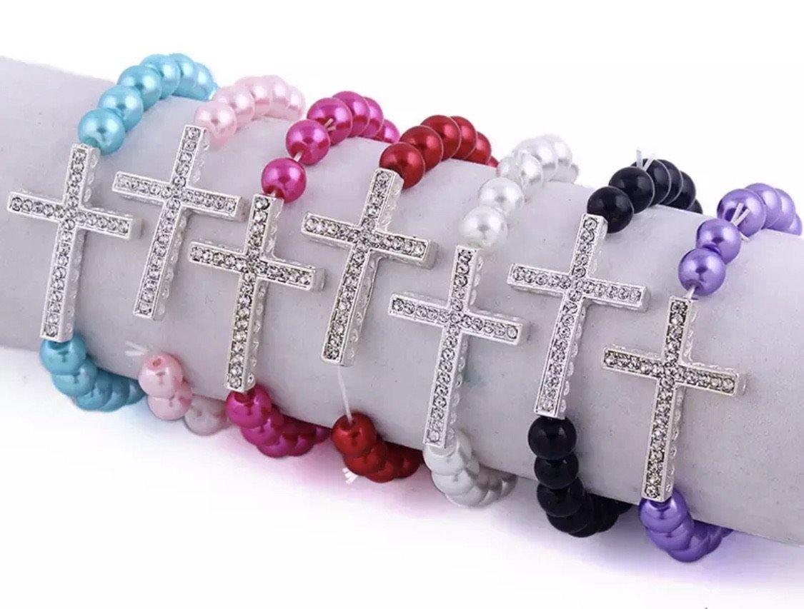 Bracelet { Cross } Stretch. Assorted colors. Beaded. Pearl. Silver. Blue • Pink • Red • White • Black • Fuchsia - Stacy's Pink Martini Boutique