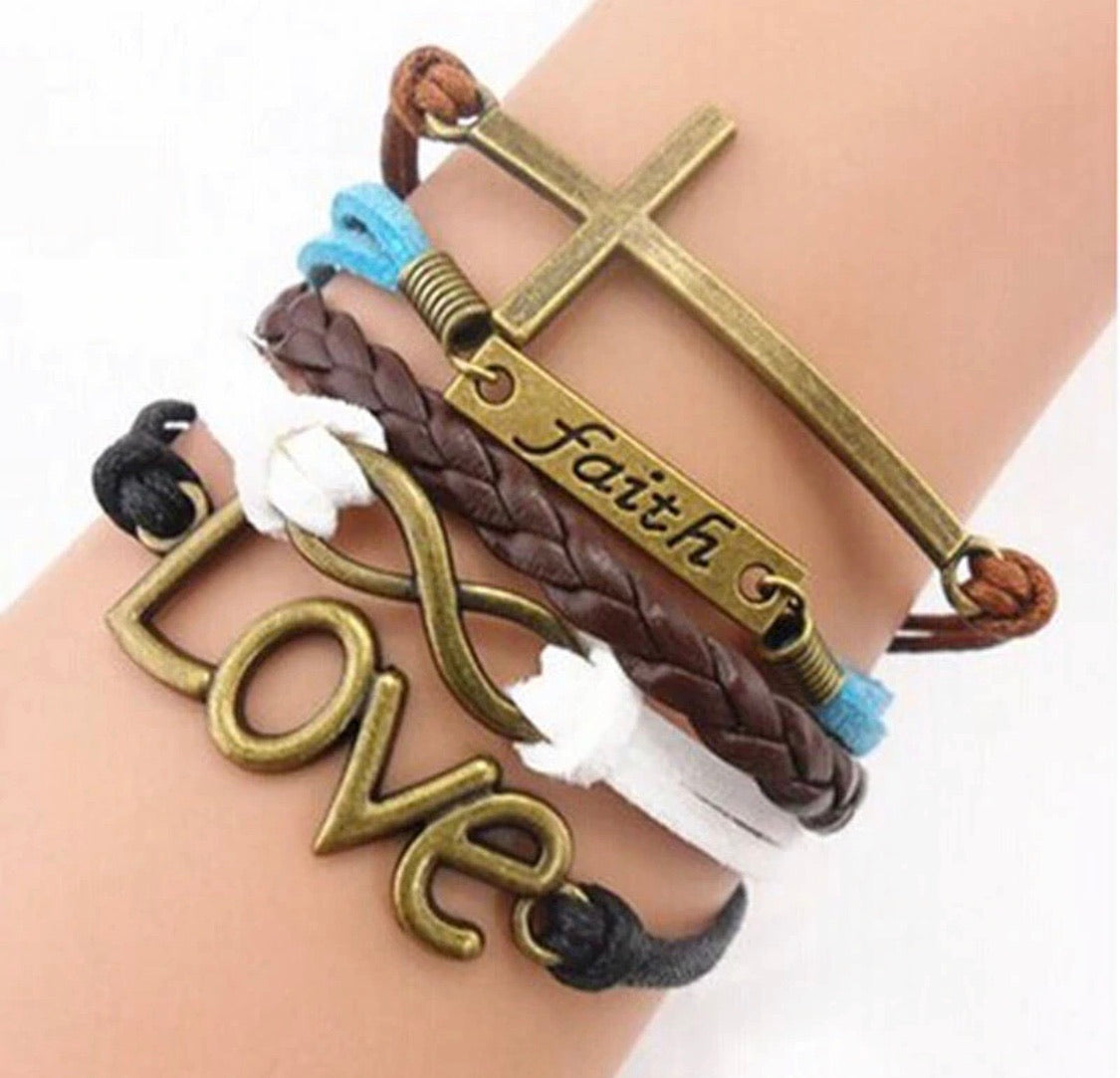 Faith bracelet | Cross love and infinity | Leather with extender - Stacy's Pink Martini Boutique