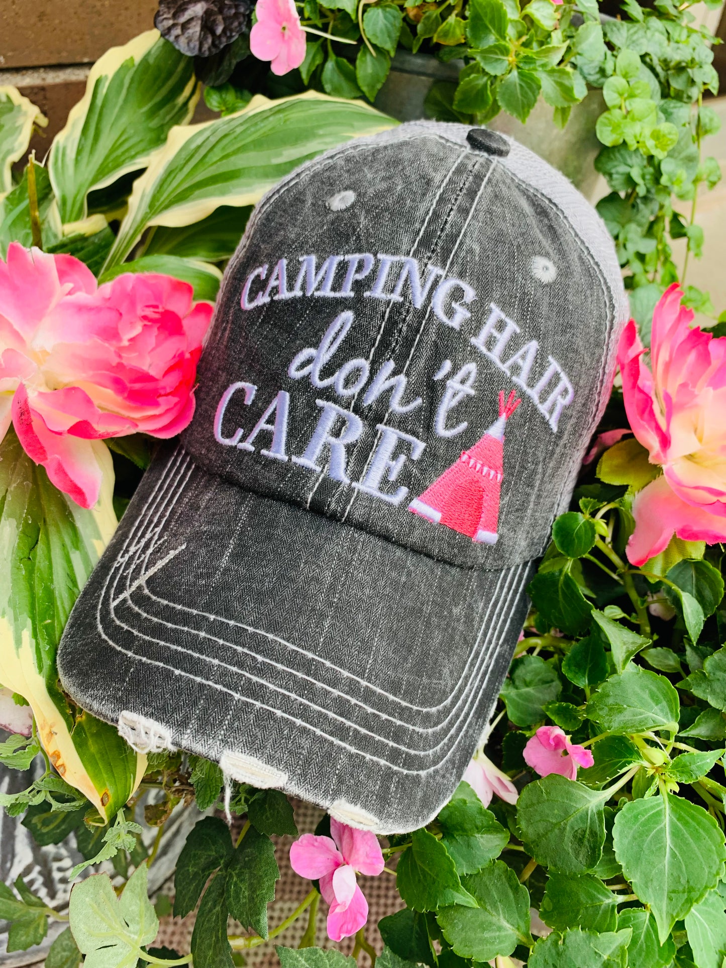Camping hats CAMPING hair dont care Embroidered distressed trucker cap - Stacy's Pink Martini Boutique