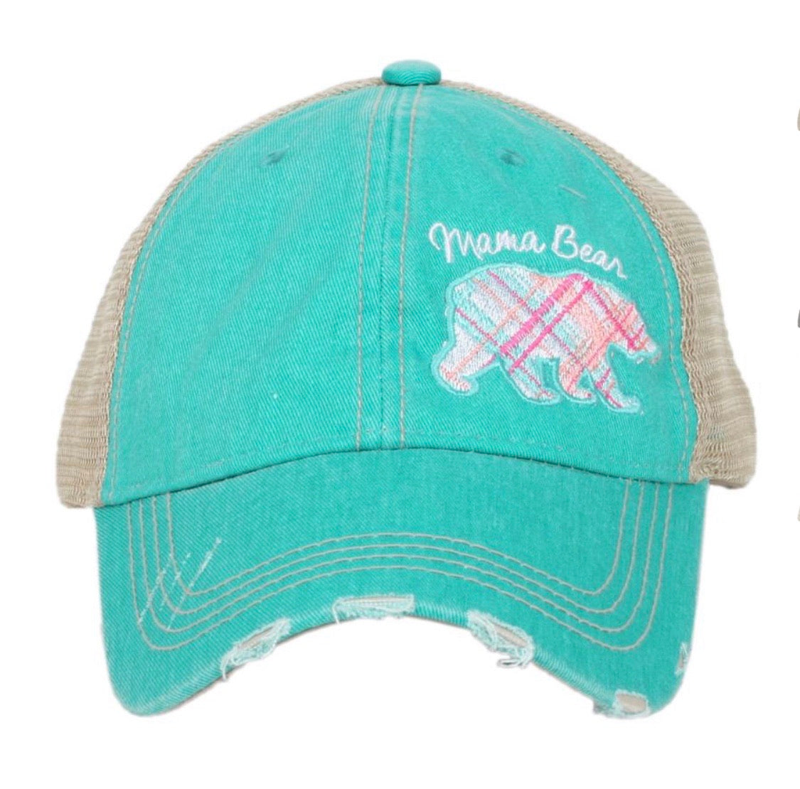 Mom hats Mama bear Baby bear Embroidered distressed womens trucker caps Buffalo plaid - Stacy's Pink Martini Boutique