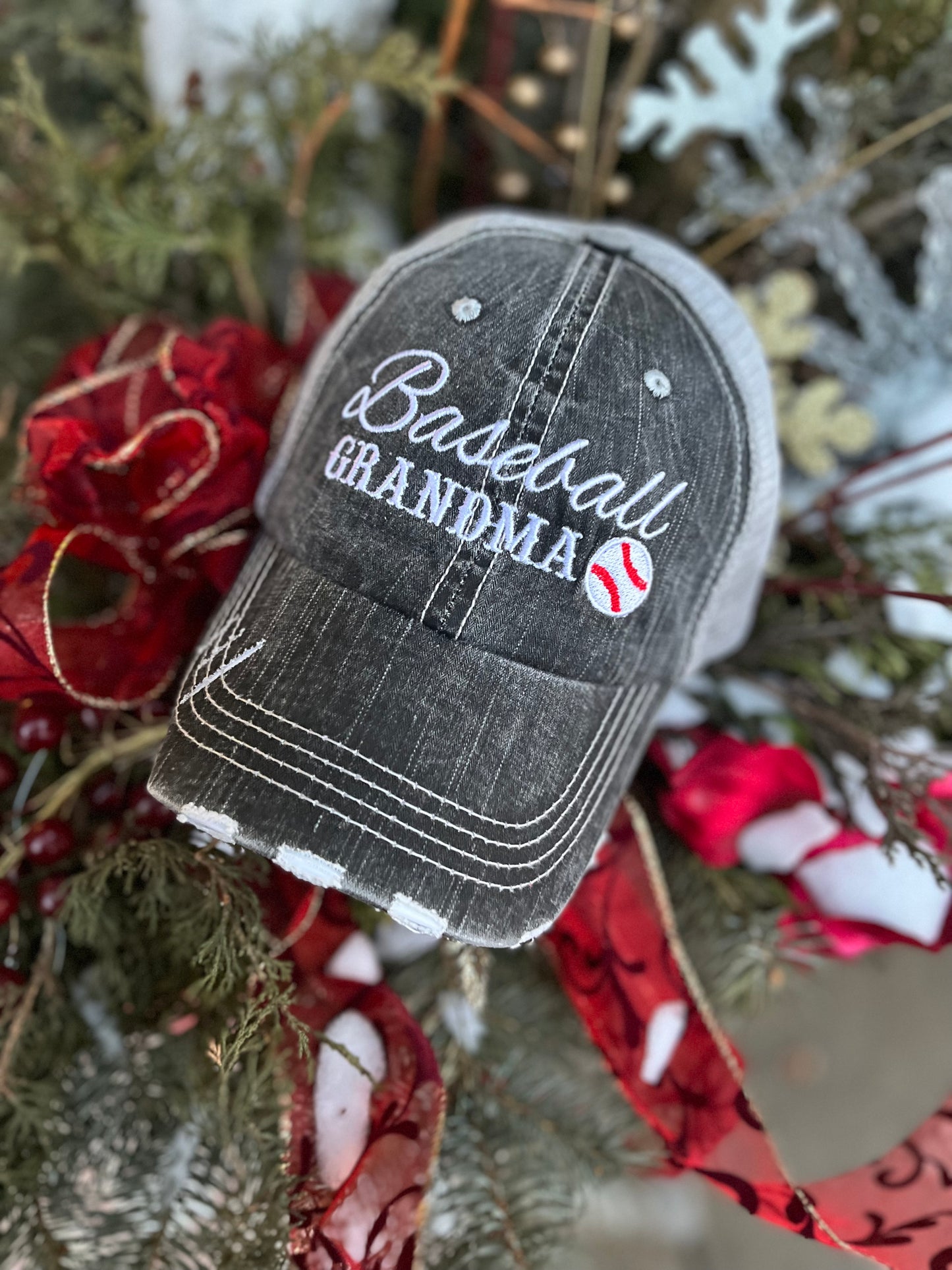 Baseball Grandma • Mimi • Nana • Gigi | Embroidered gray distressed trucker caps | Personalize - Stacy's Pink Martini Boutique