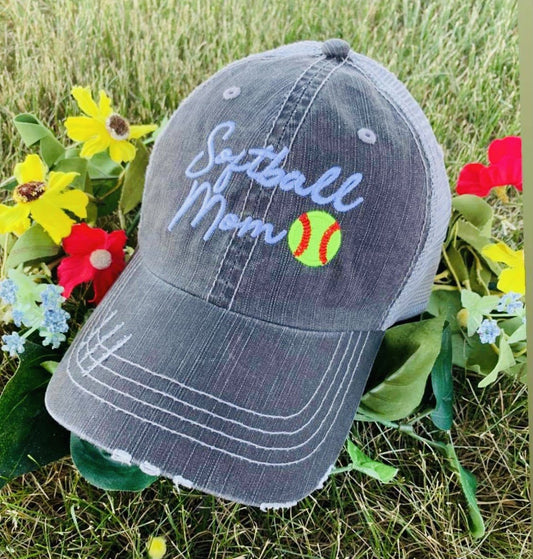Softball mom hat Embroidered distressed gray women’s trucker cap - Stacy's Pink Martini Boutique