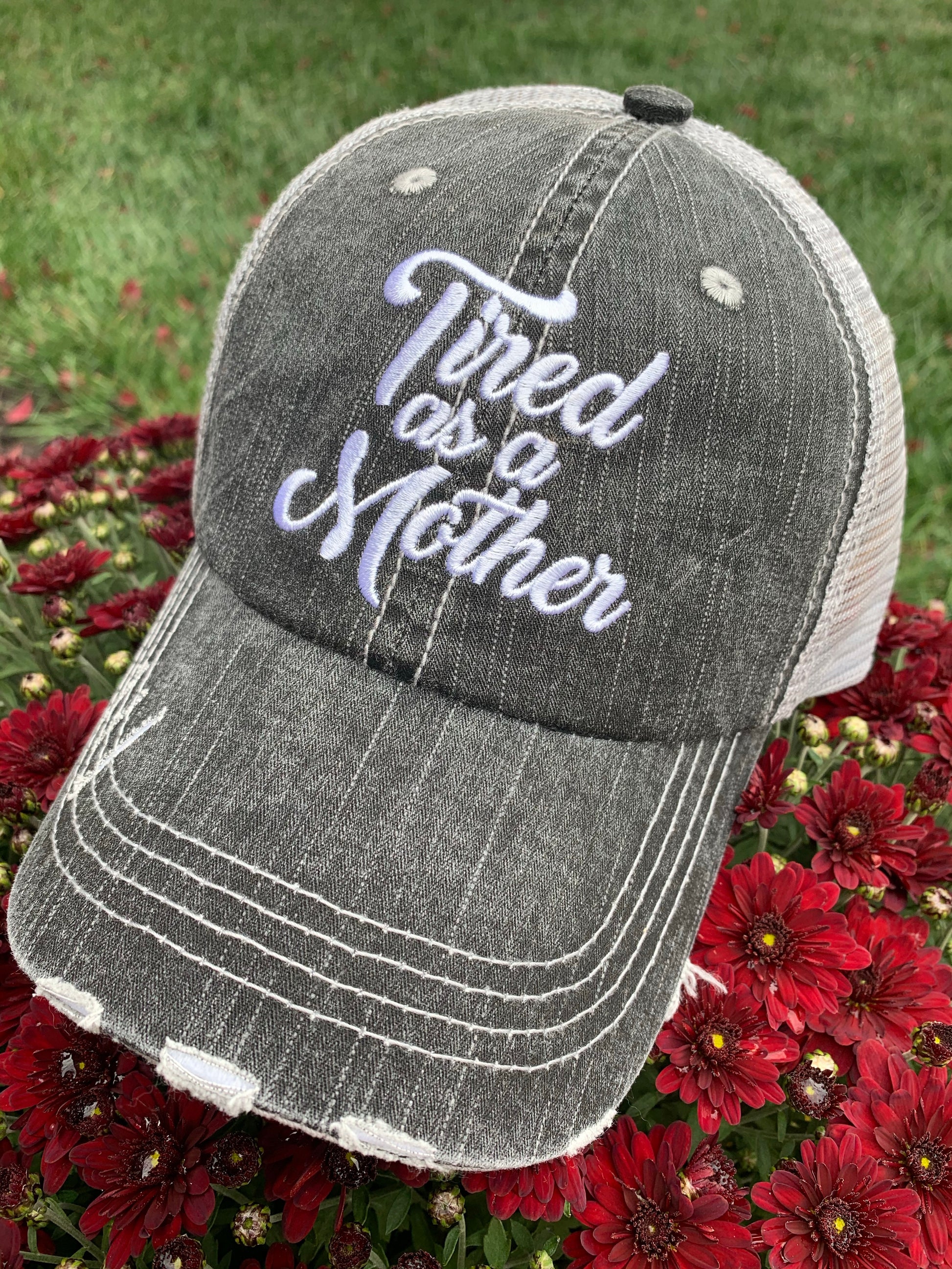 Mom! Hats, tanks, tshirts  • Tired as a mother • Womens trucker caps | Mom hats and clothing - Stacy's Pink Martini Boutique