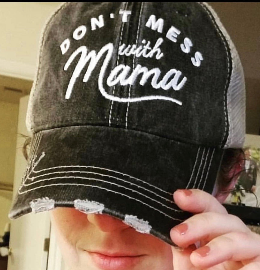 Mom hats! Hat { Don’t mess with mama } Customize with last names, kids names, sports numbers! Embroidered distressed trucker caps. Adjustable. - Stacy's Pink Martini Boutique