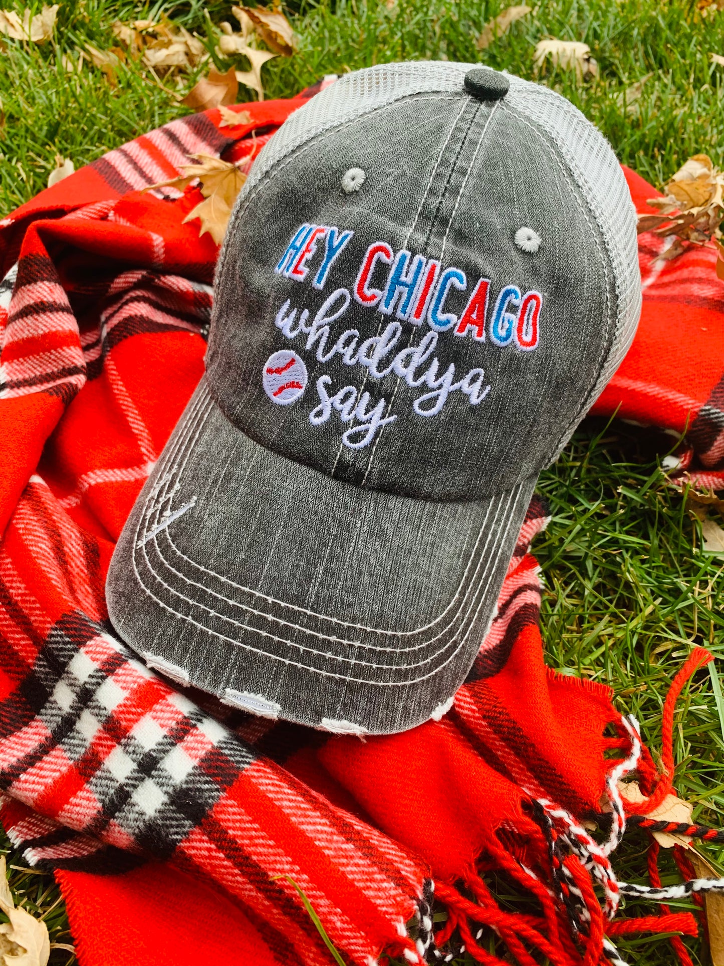 Baseball hats Chicago Cubs Hey Chicago whaddya say Embroidered distressed gray trucker cap Unisex - Stacy's Pink Martini Boutique