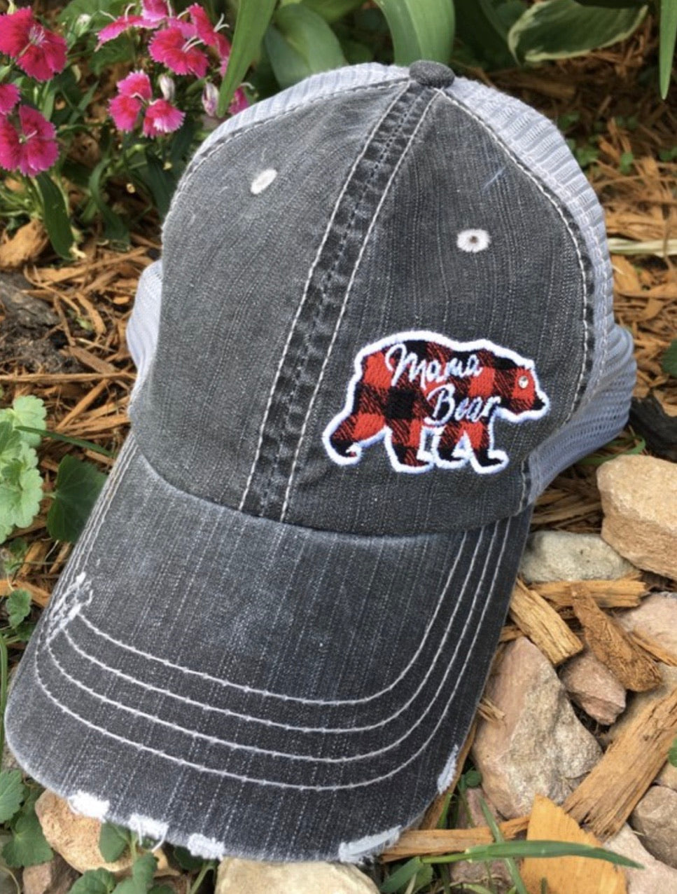 Mom hats Mama bear Baby bear Embroidered distressed womens trucker caps Buffalo plaid - Stacy's Pink Martini Boutique