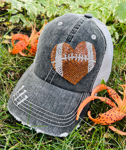 Football hat BLING rhinestones Gray distressed trucker hat