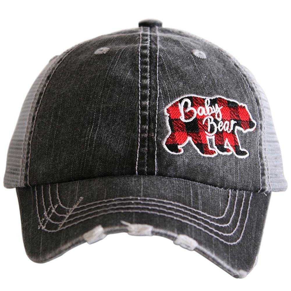 Baby bear kids hat | Gray trucker cap adjustable velkro | Red and black buffalo plaid bear | Unisex boys and girls - Stacy's Pink Martini Boutique