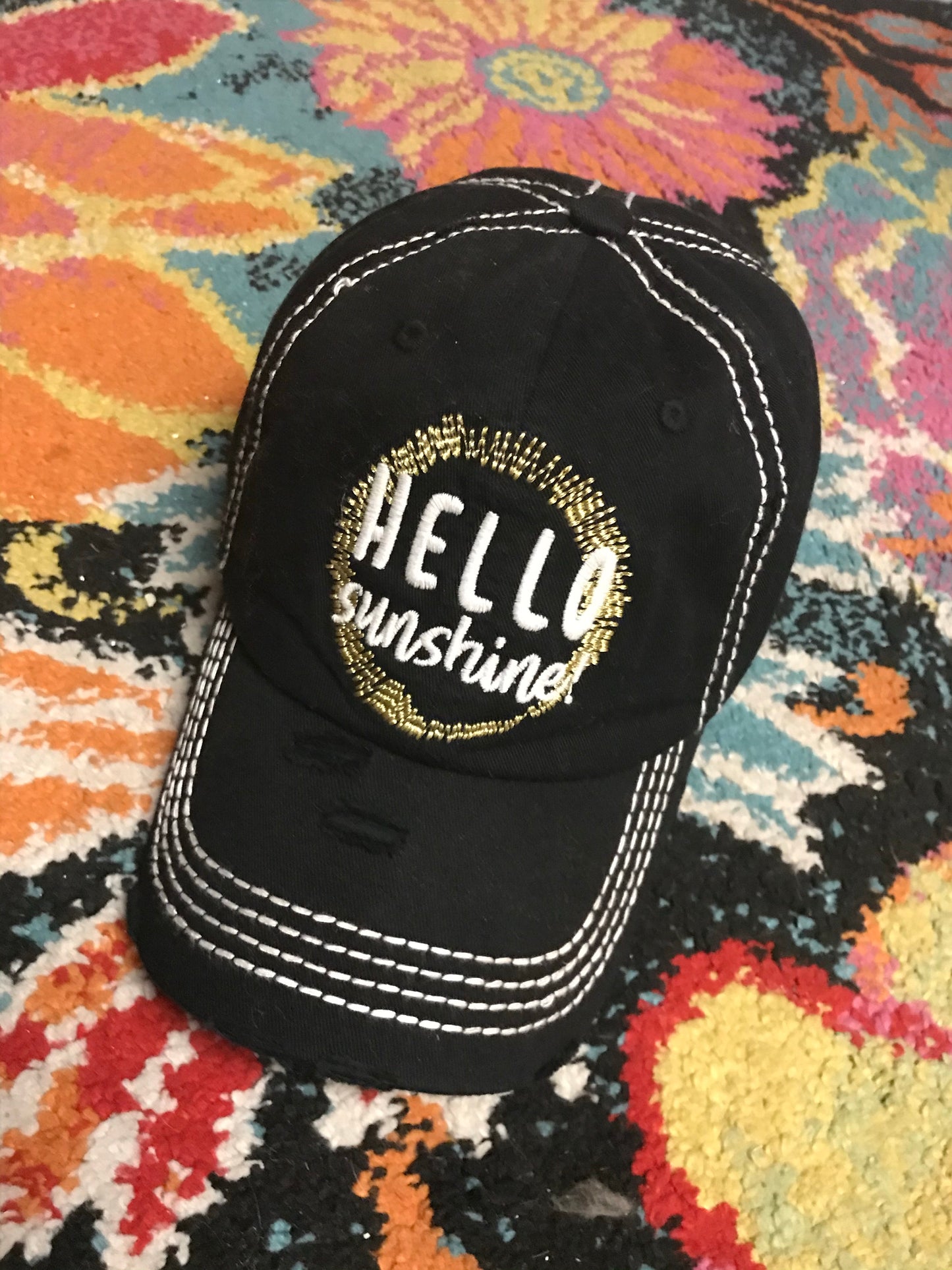 HELLO SUNSHINE hat Embroidered black distressed womens trucker cap - Stacy's Pink Martini Boutique