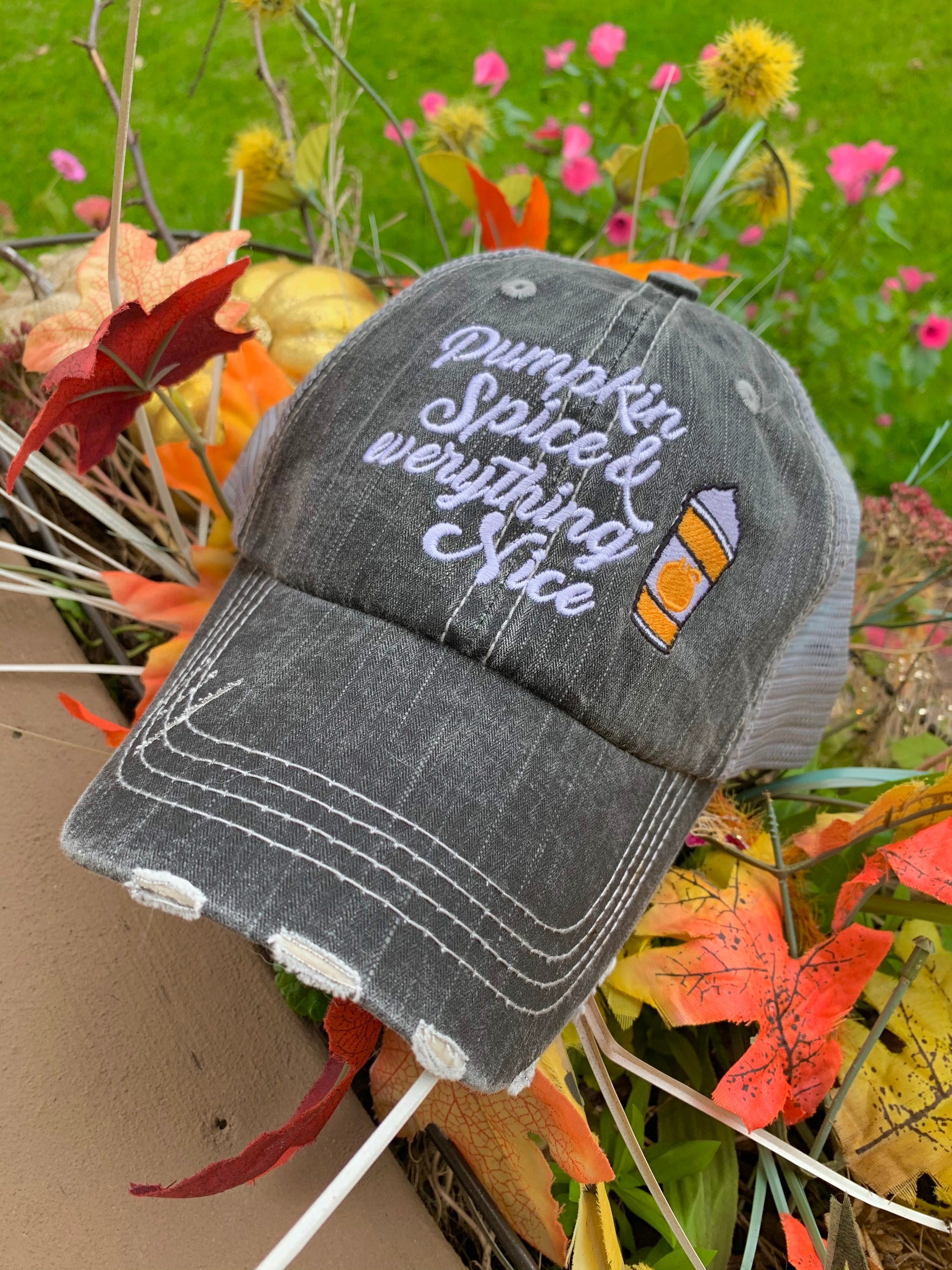 Hats { Pumpkin spice and everything nice } Pumpkin spice and Jesus. Pumpkin spice and chill. 3 sayings in 3 colors. Embroidered distressed trucker cap. Black suede. Black and white herringbone. Blanket Scarf. Plaid. - Stacy's Pink Martini Boutique