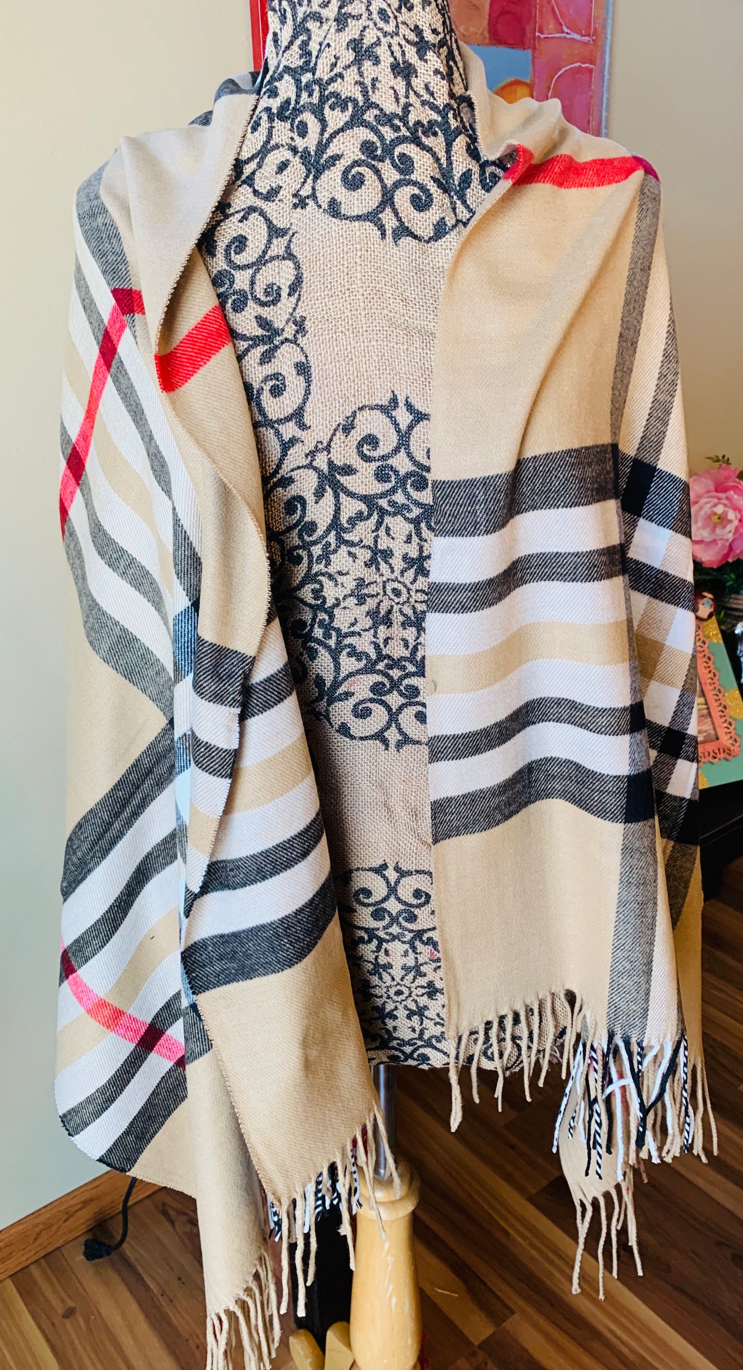 Cashmere Scotland Scarf | 80 x 30 | Camel brown vintage check plaid | Beautiful as a wrap/shawl - Stacy's Pink Martini Boutique