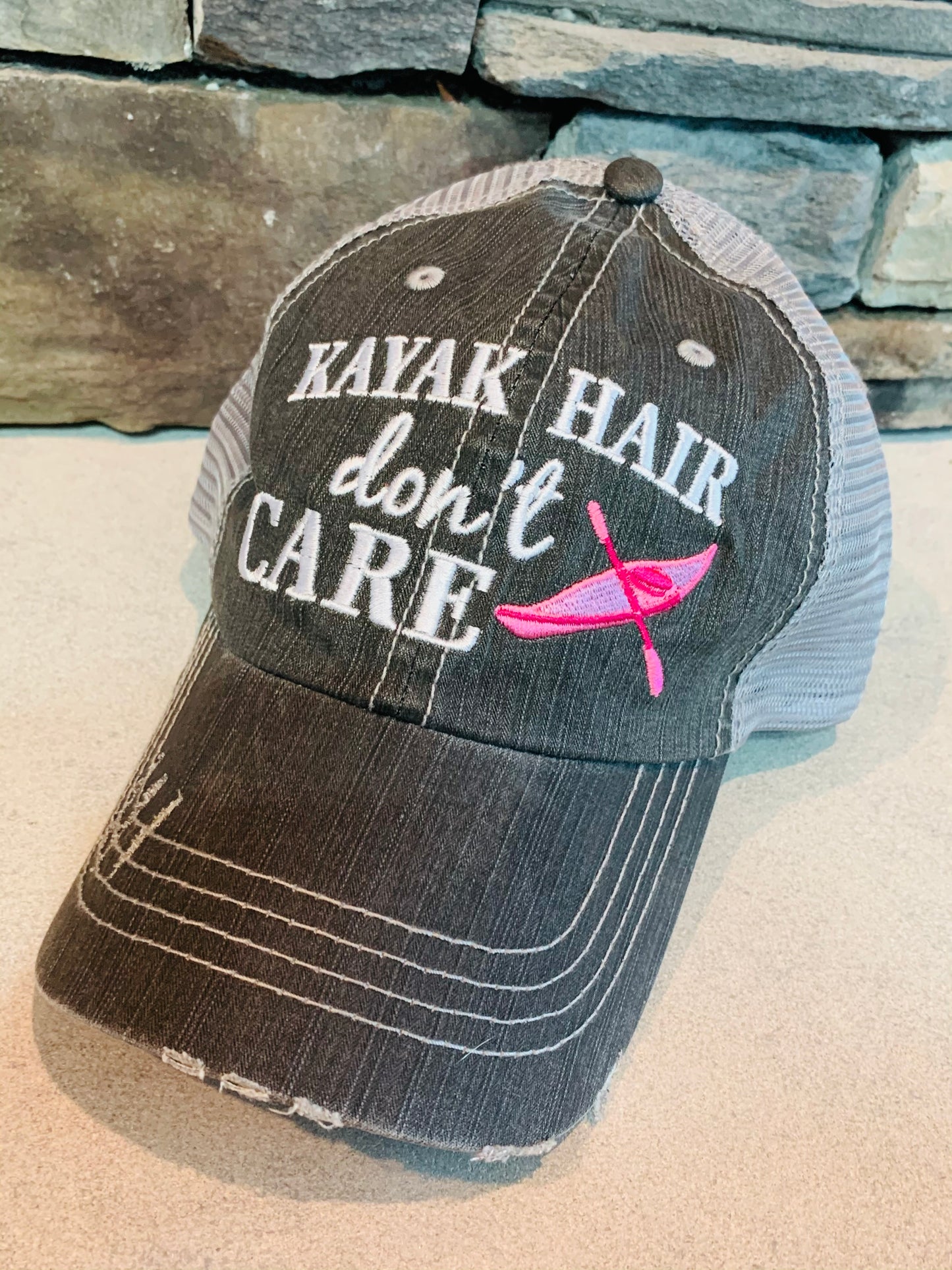 Kayak hats Kayak hair dont care Teal or pink kayak Unisex trucker cap - Stacy's Pink Martini Boutique