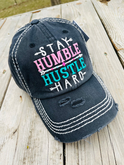 Hat Stay humble hustle hard Embroidery navy blue distressed cap