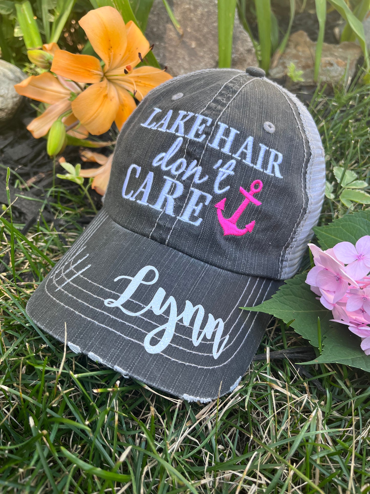 Hats Beach hair dont care Embroidered teal or pink flip flops distressed trucker cap Womens Sandals - Stacy's Pink Martini Boutique