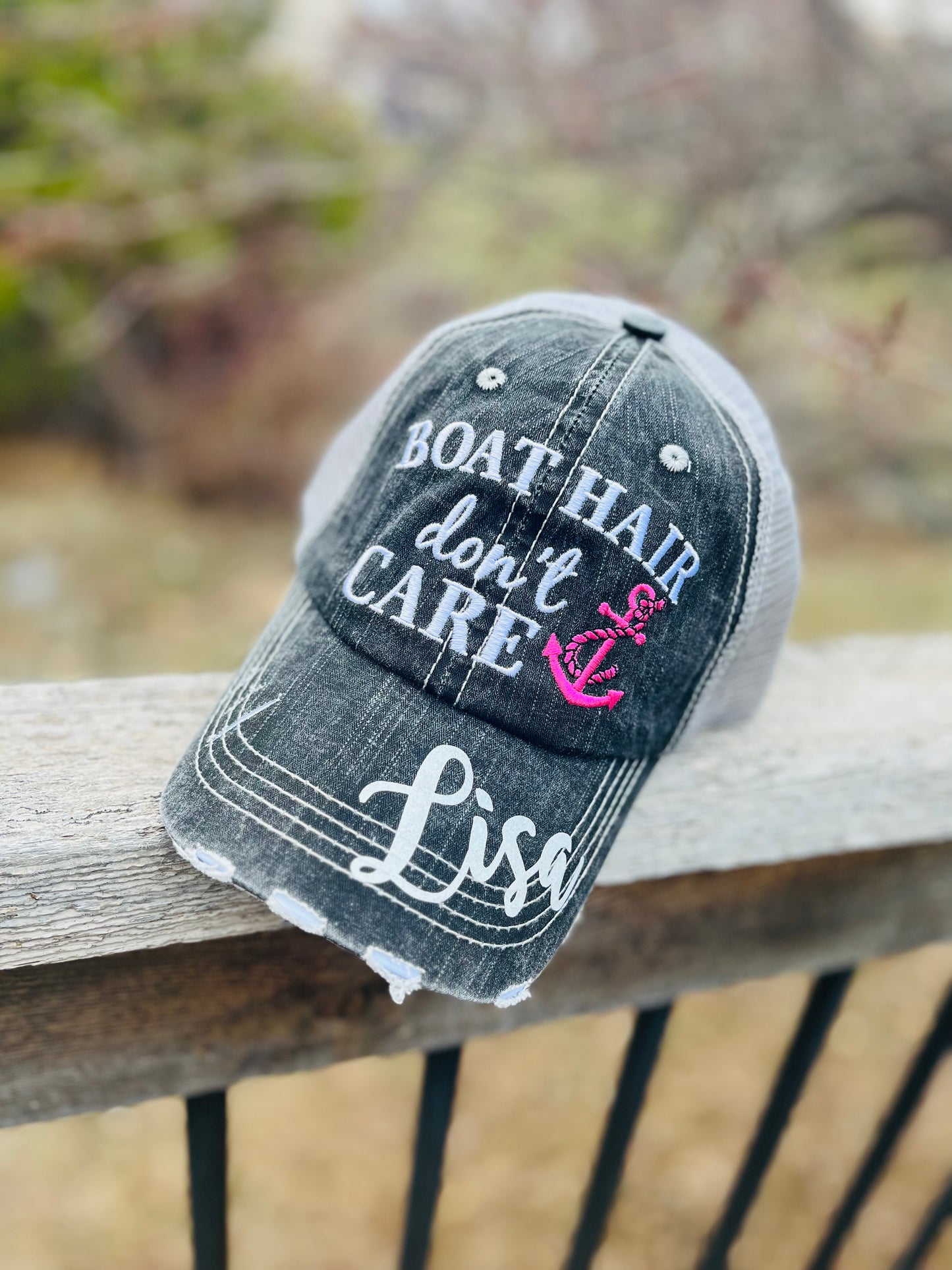Boating Hats Boat hair dont care Teal or pink anchor Personalized e mbroidered gray distressed trucker caps mesh back adjustable velkro - Stacy's Pink Martini Boutique