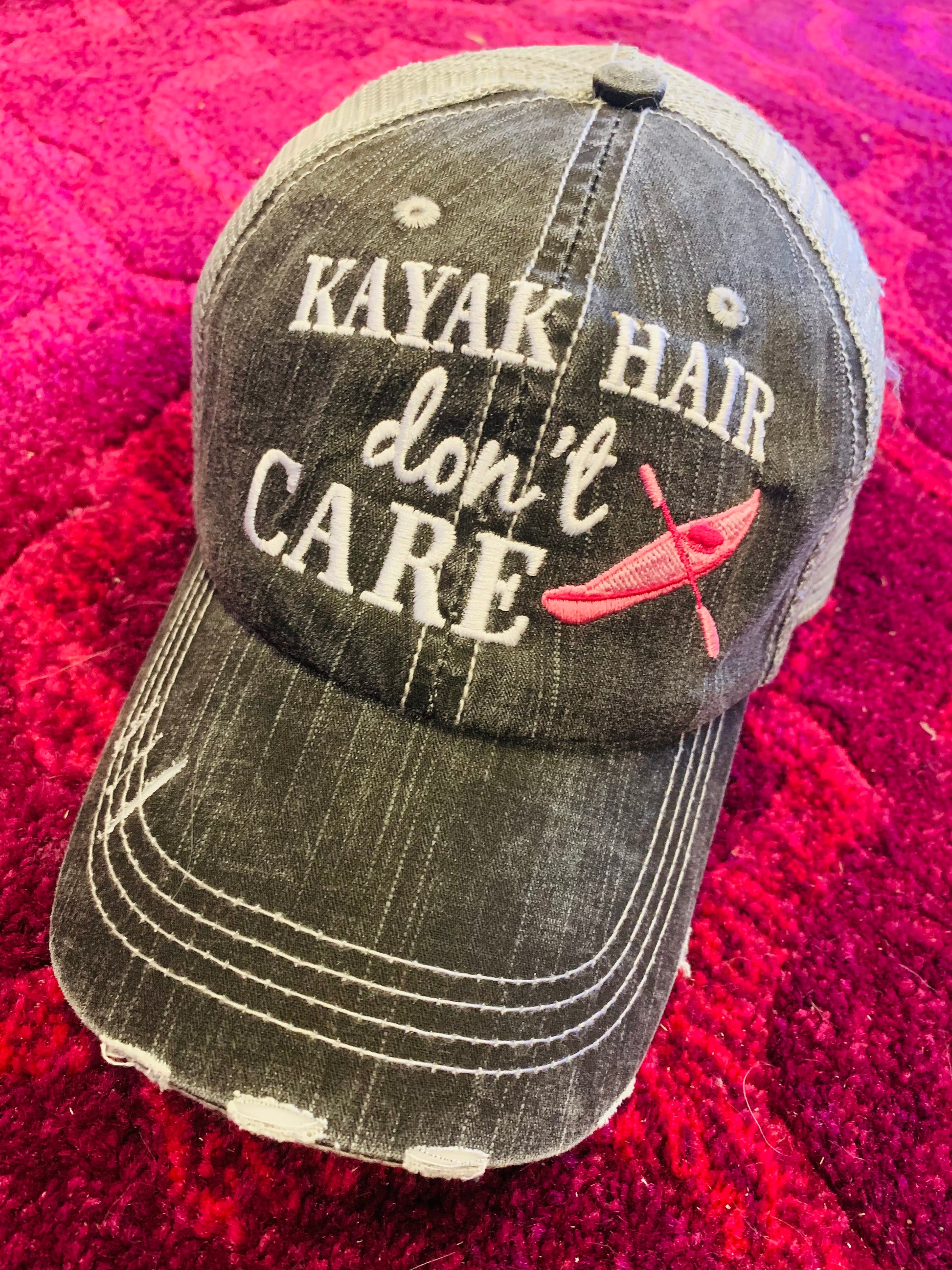 Kayak hats Kayak hair dont care Teal or pink kayak Unisex trucker cap - Stacy's Pink Martini Boutique