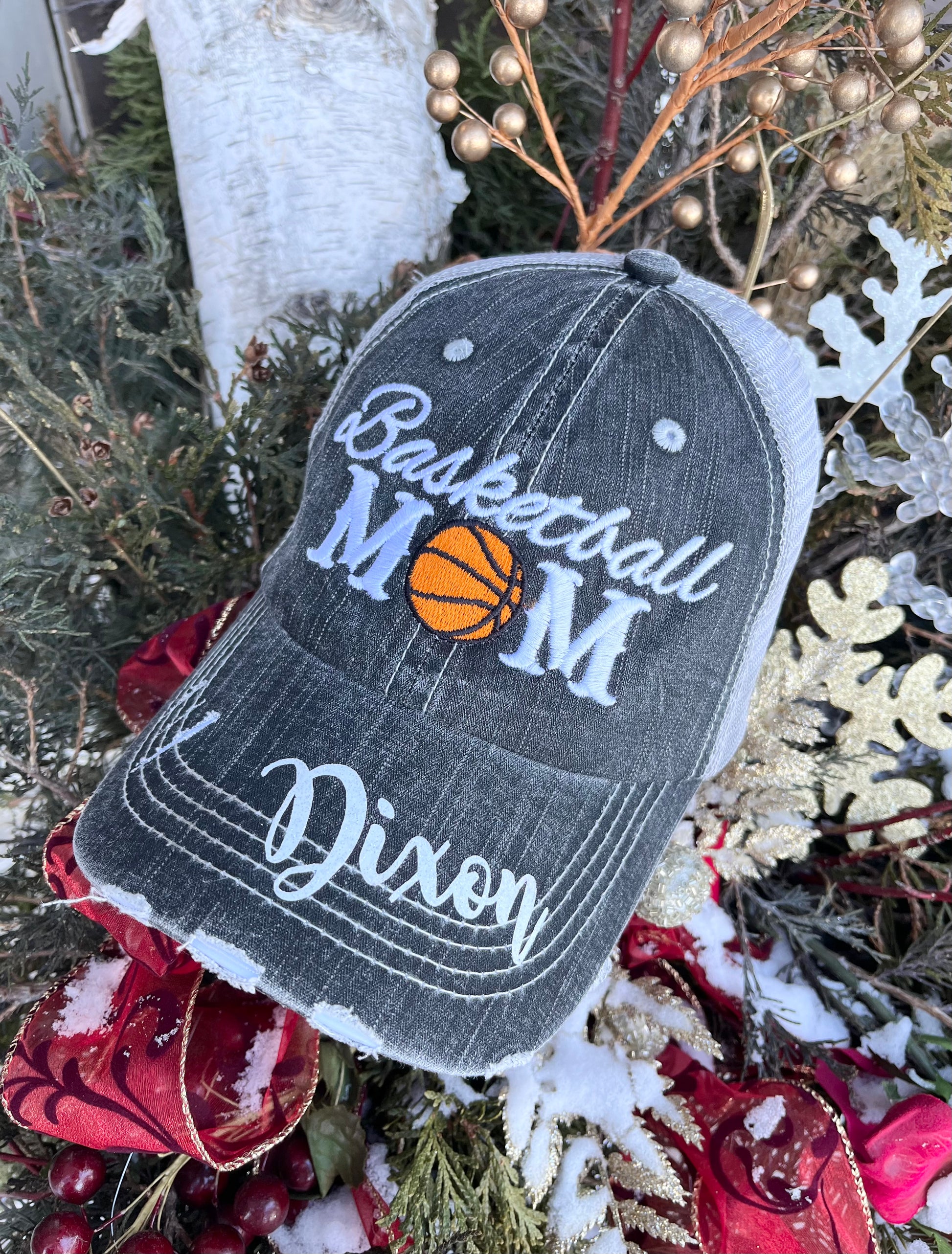 Basketball hats Basketball mom Personalized embroidered distressed gray womens trucker caps - Stacy's Pink Martini Boutique