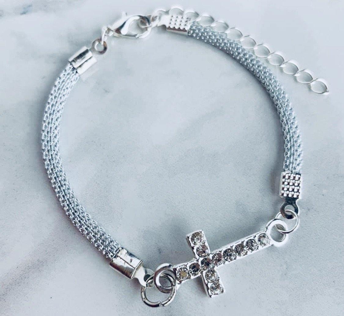 Cross bracelet • Silver • Adjustable lobster clasp • Rhinestones - Stacy's Pink Martini Boutique