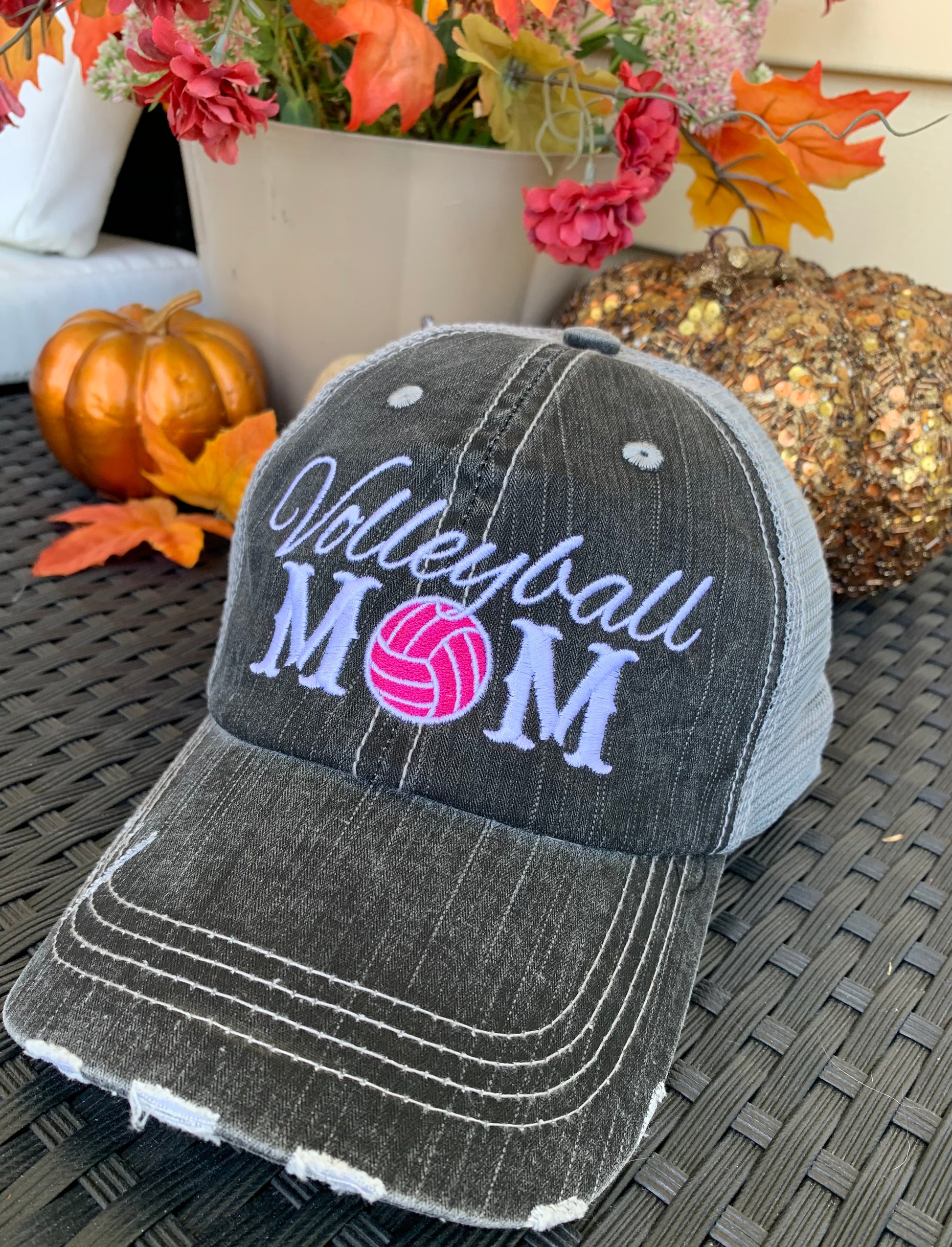 Volleyball hats and jewelry | Volleyball mom | Womens Embroidered distressed trucker caps | Personalize | Volleyball hair don’t care. - Stacy's Pink Martini Boutique