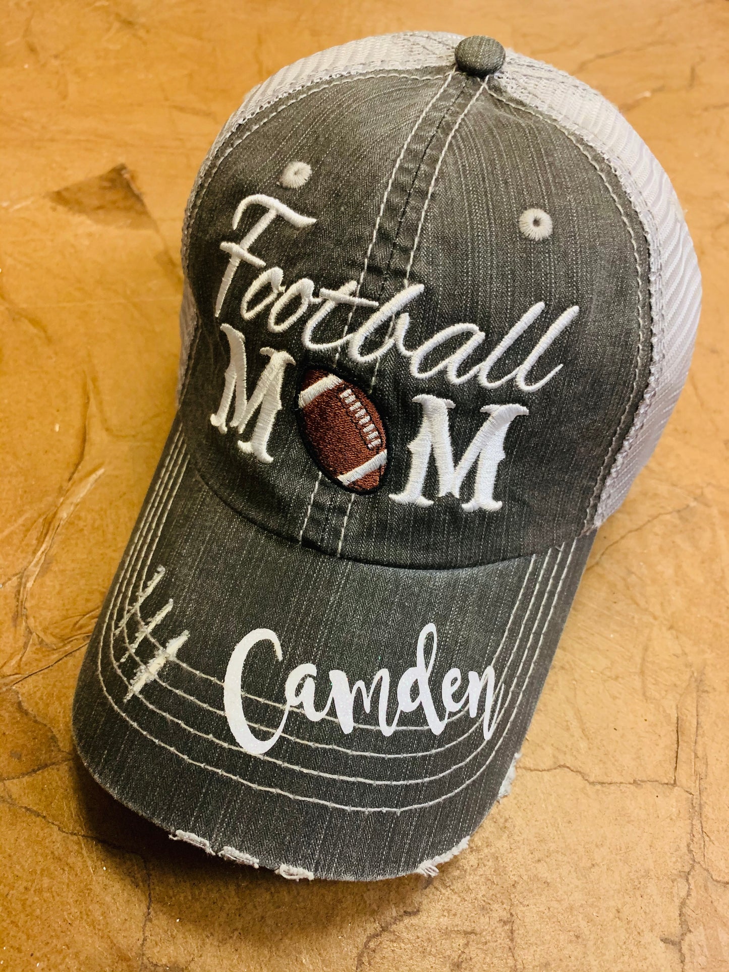 Football mom hats Embroidered distressed womens sports trucker caps - Stacy's Pink Martini Boutique