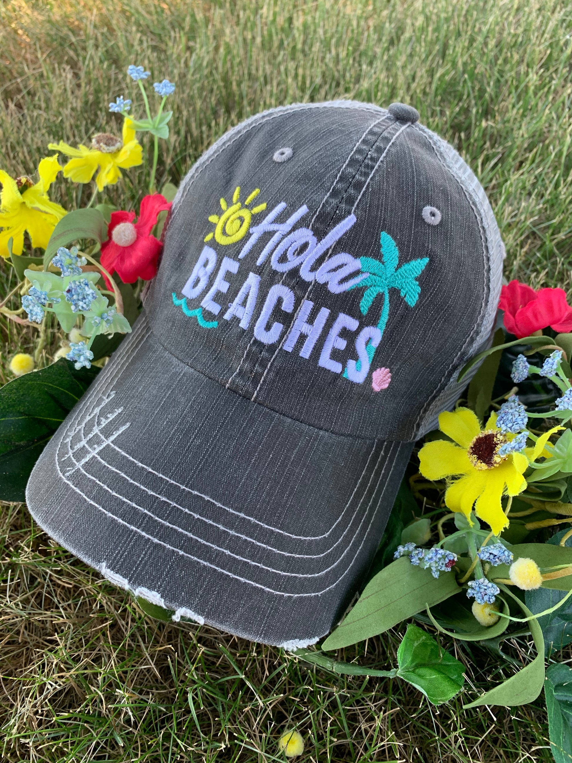 Hats and tanks BEACH Beach hair dont care Feelin beachy Beach please Hola beaches Beach bum Embroidered trucker caps - Stacy's Pink Martini Boutique