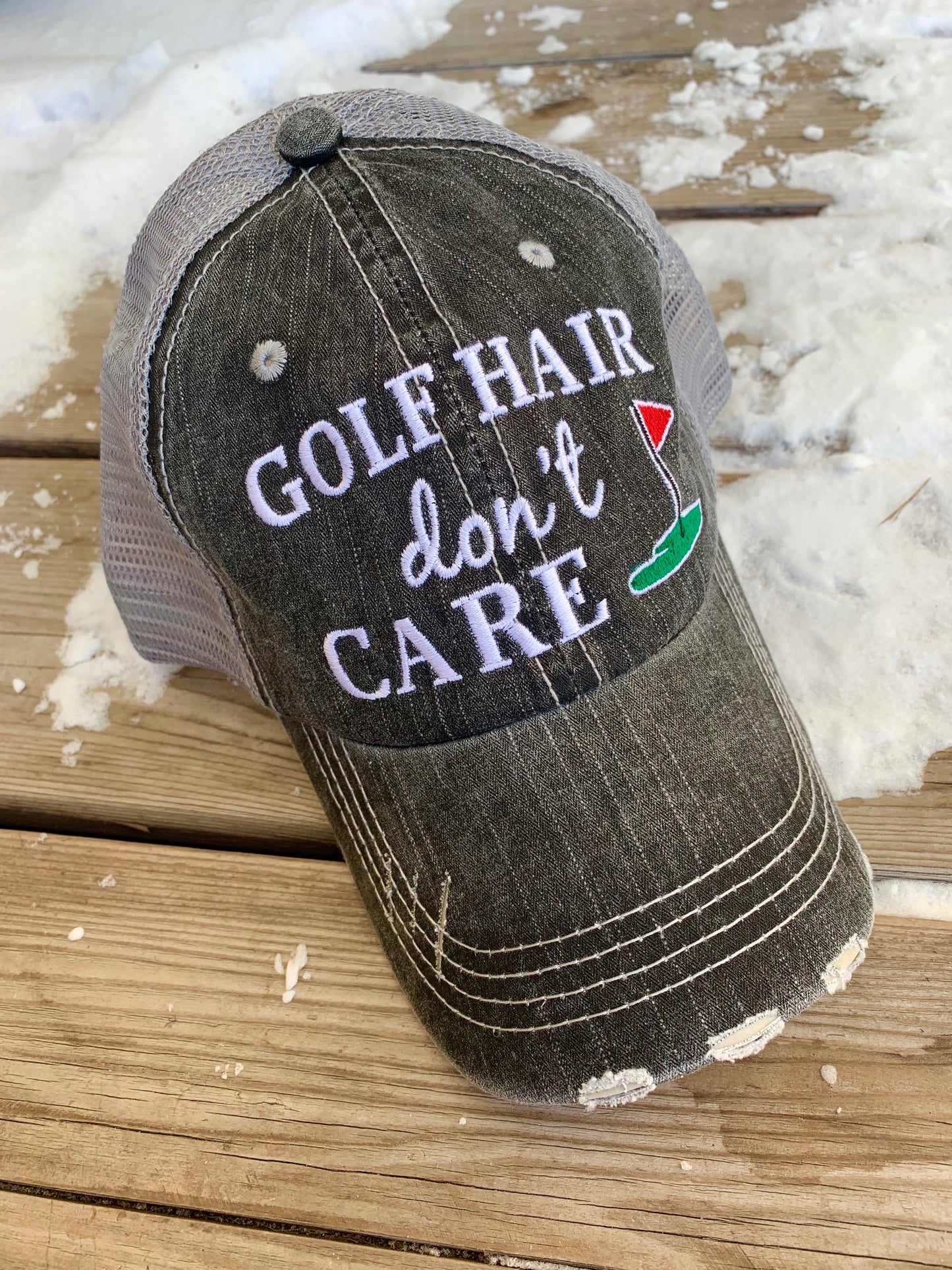 Golf hats! Golf mom | Golf hair dont care | Embroidered distressed trucker caps CUSTOMIZE-name-numbers-BLING! - Stacy's Pink Martini Boutique