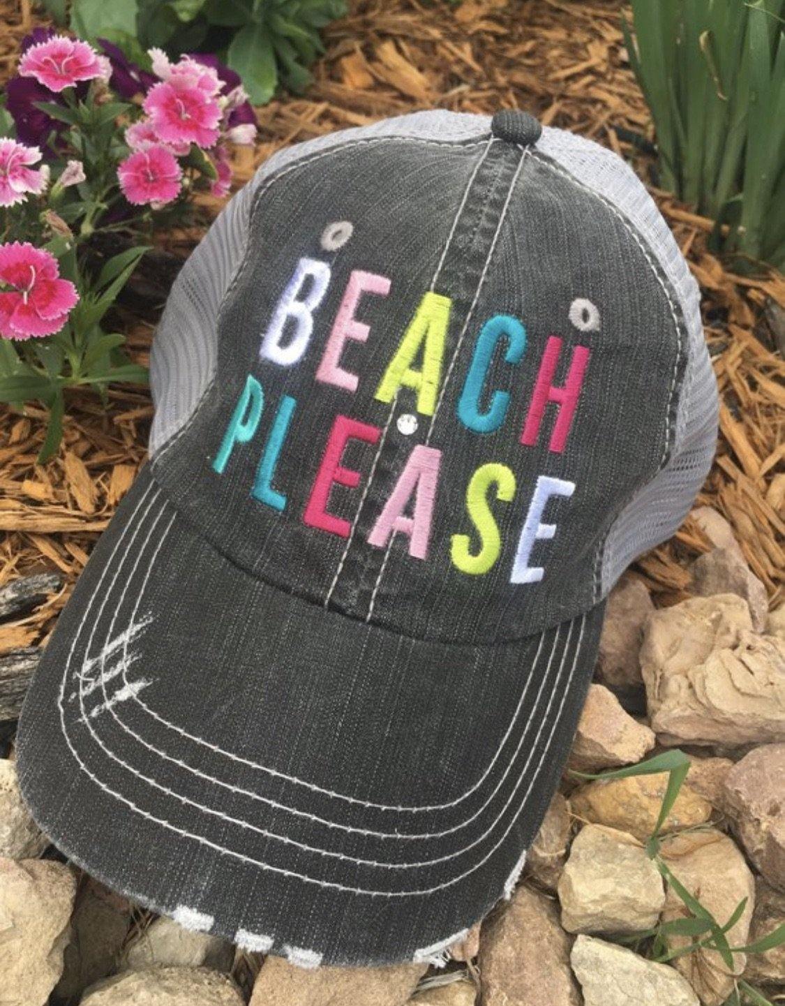 Beach Hats Beach please Embroidered distressed trucker caps Seashells Vacation - Stacy's Pink Martini Boutique