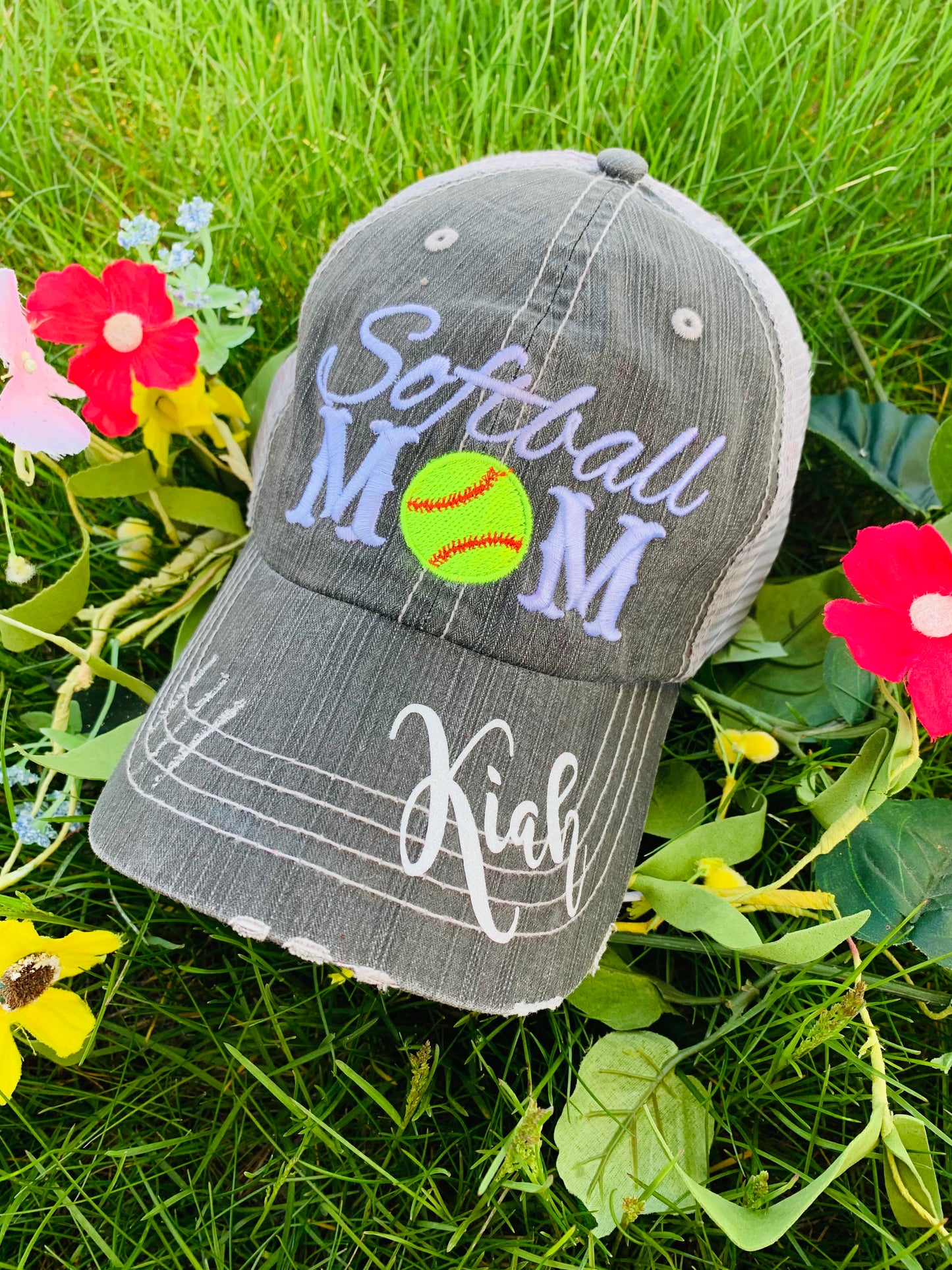 Softball hats Softball mom Softball hair dont care Embroidered gray distressed adjustable trucker caps Personalizable Softball forever - Stacy's Pink Martini Boutique