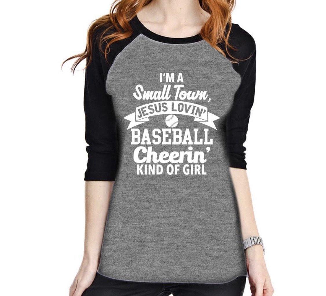 I’m a small town Jesus lovin baseball cheerin kind of girl shirt •• 3/4 sleeve raglan •• Red or black •• Women’s baseball clothing - Stacy's Pink Martini Boutique
