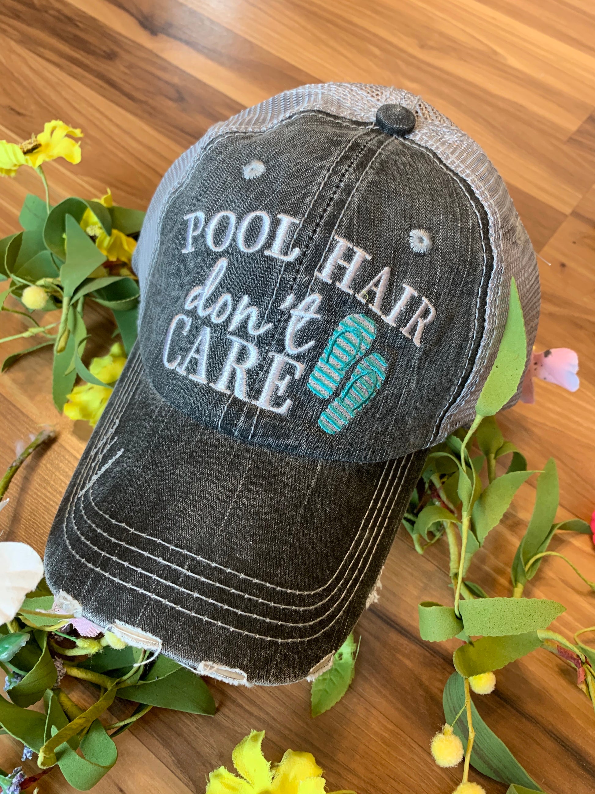 Pool Hats Embroidered Gray Distressed unisex Trucker Caps Pool Hair Dont Care Pool Please Flamingos Flip Flops Pool Hair Dont Care. Gray Hat. Teal